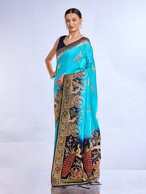 Blue Pure Silk Saree With Blouse Piece