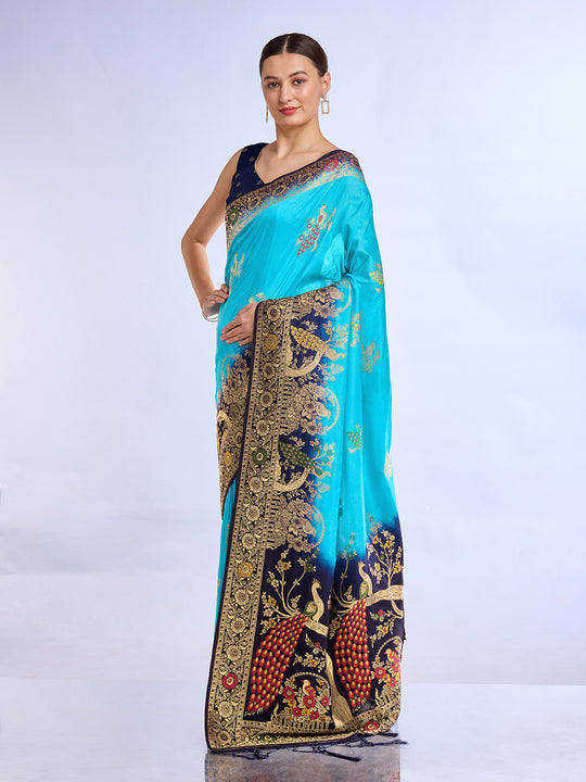 Blue Pure Silk Saree With Blouse Piece