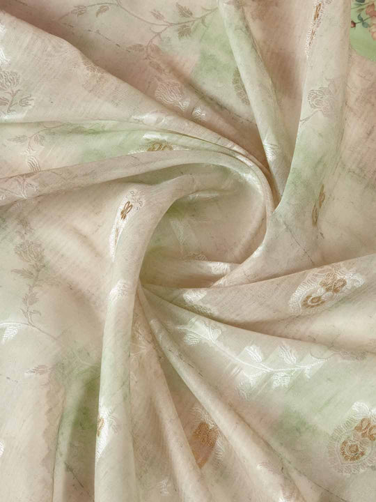 Mint Green Pure Cotton Lucknowi Woven Banarasi Saree With Ombre Floral Prints