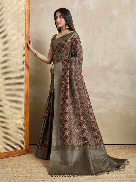 Brown Pure Handloom Tussar Woven Pallu Ajrakh Printed With Blouse Piece