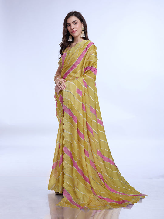 Yellow Poly Chiffon Festival Saree With Blouse Piece