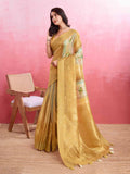 Yellow Cotton Banarasi Woven Rich Pallu Printed Saree With Blouse Piece
