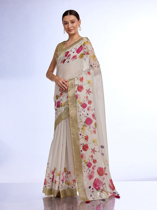 White Linen Blend Saree With Blouse Piece