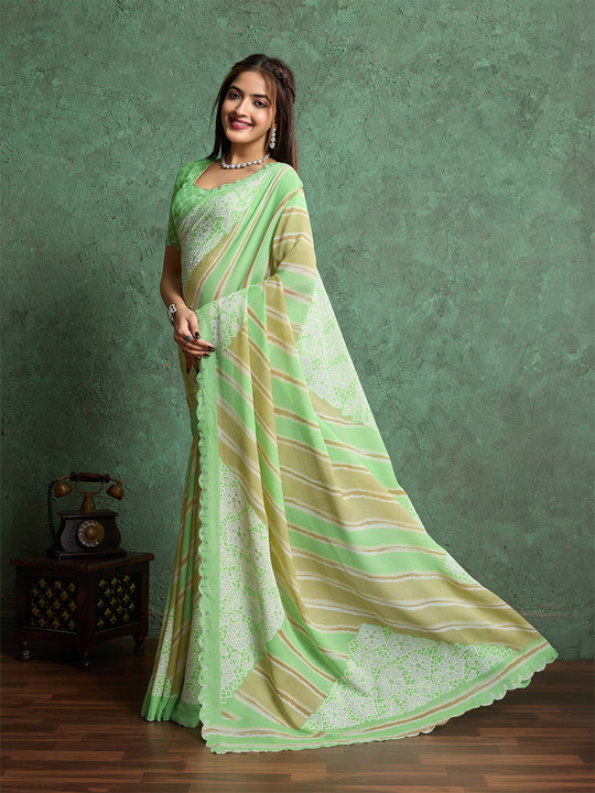 Poly Chiffon Leheriya Printed Saree With A Floral Touch And Swaroski Work With Scalloping
