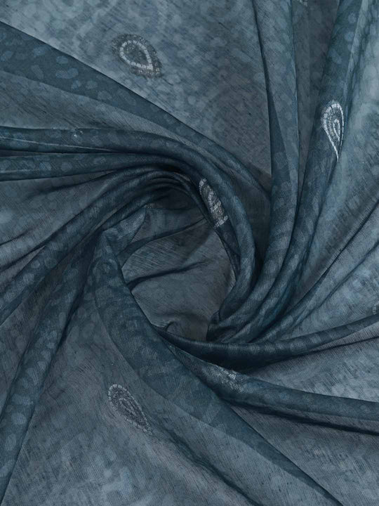 Seagreen Cotton Banarasi Printed Saree With Thread Embroidery Scalloping  Saree With Blouse Piece