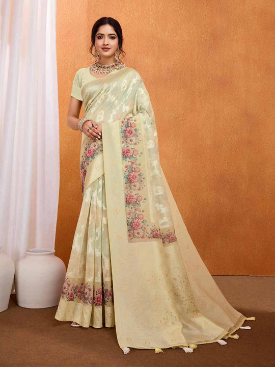 Yellow Pure Cotton Lucknowi Woven Banarasi Saree With Ombre Floral Prints