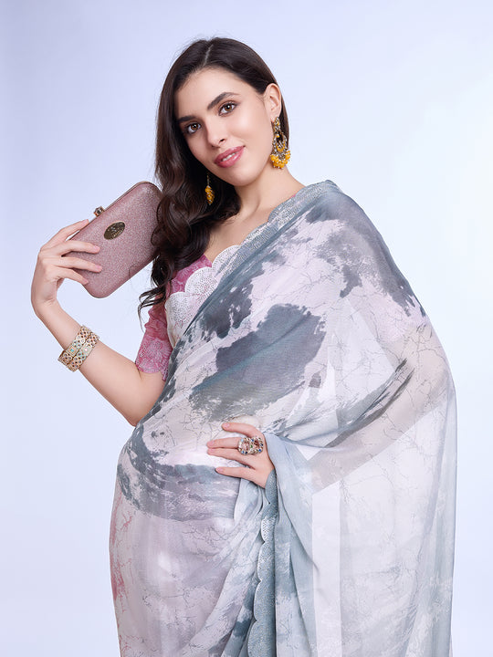Grey Poly Chiffon Festival Saree With Blouse Piece