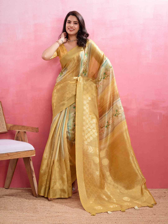 Yellow Cotton Banarasi Woven Rich Pallu Printed Saree With Blouse Piece