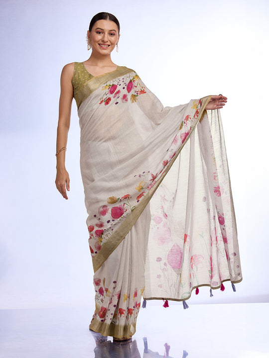 White Linen Blend Saree With Blouse Piece