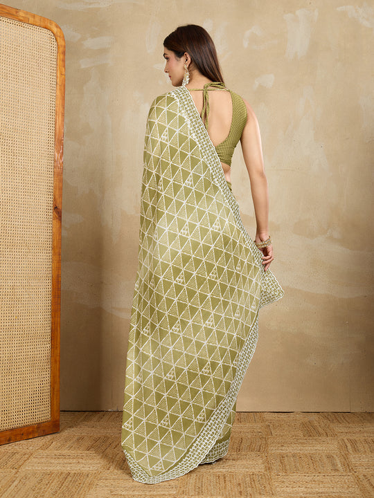 Poly Georgette Geometric Printed Saree With Embroidered Border And Blouse Piece