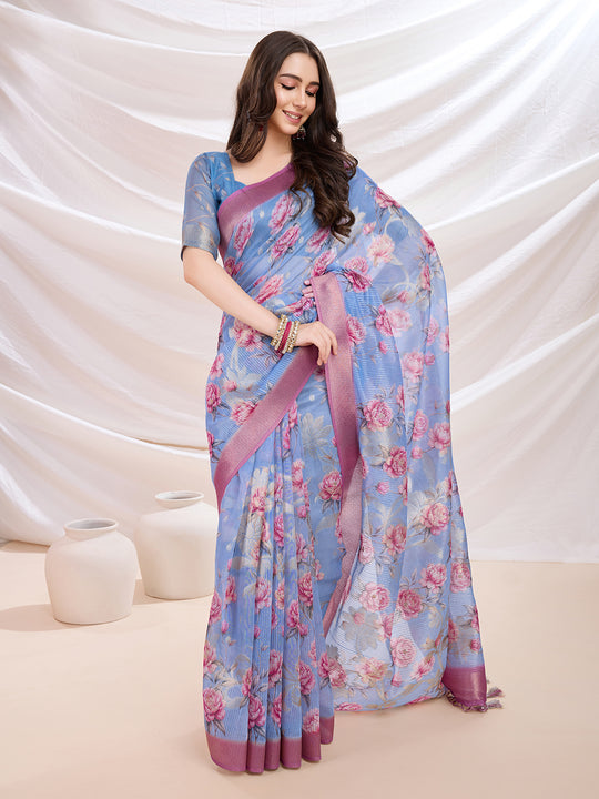 Blue Banarasi Cotton Festive Wear Saree With Blouse Piece