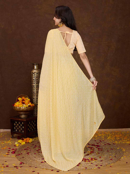 Yellow Crepe Georgette Gold Foil Embellished Printed Saree With Blouse Piece