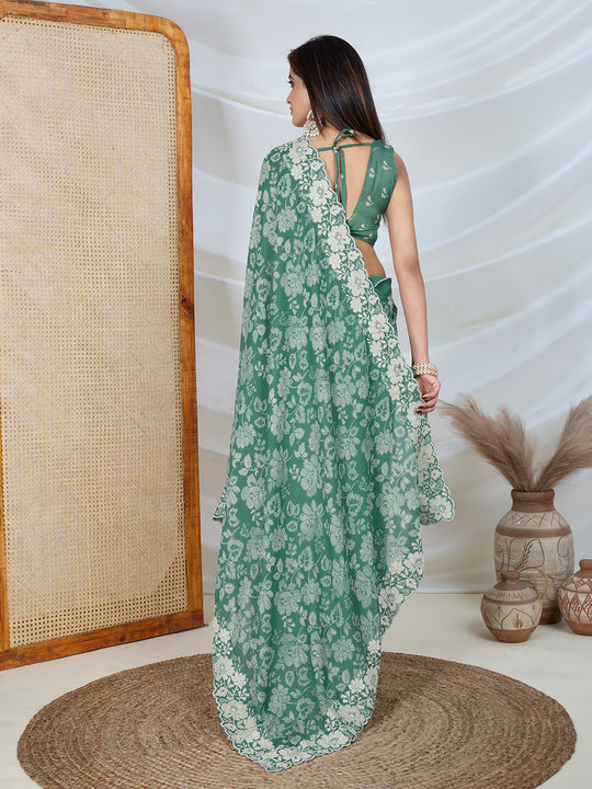 Poly Georgette Geometric Print Saree With Embroidery And Scaloping Work With Unstitched Blouse Piece
