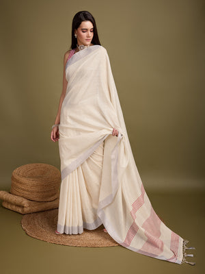 Beige Linen Blend Daily Wear Saree With Blouse Piece