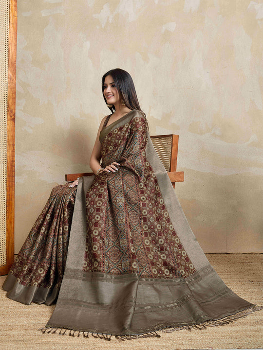 Brown Pure Handloom Tussar Woven Pallu Ajrakh Printed With Blouse Piece