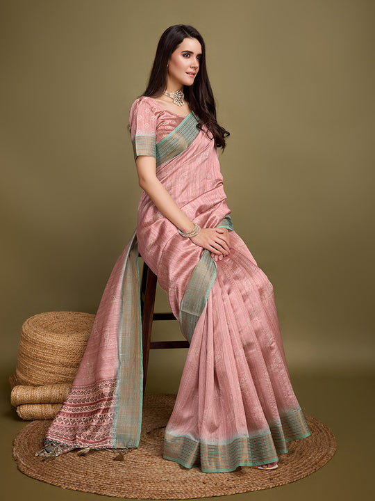 Pink Silk Blend Saree With Blouse Piece
