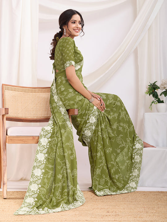 Olive Poly Georgette Festive Wear Saree With Blouse Piece