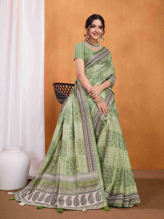 Green Pure Tussar Silk Ajrakh Block Printed With Blouse Piece