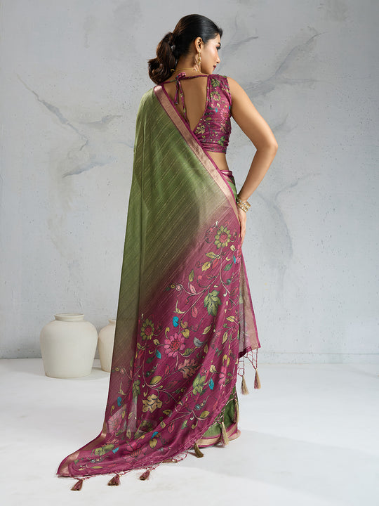 Pure Chiffon Digital Printed Woven Saree With Woven Border And Fancy Tassels