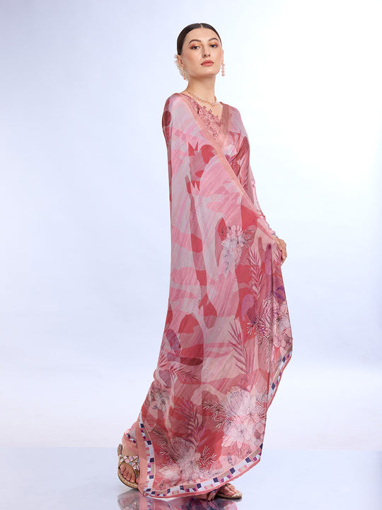 Light Pink Satin Saree With Blouse Piece