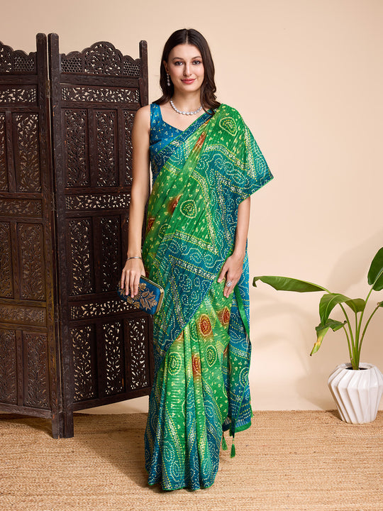 Green Weightless Poly Chiffon Saree With Blouse Piece