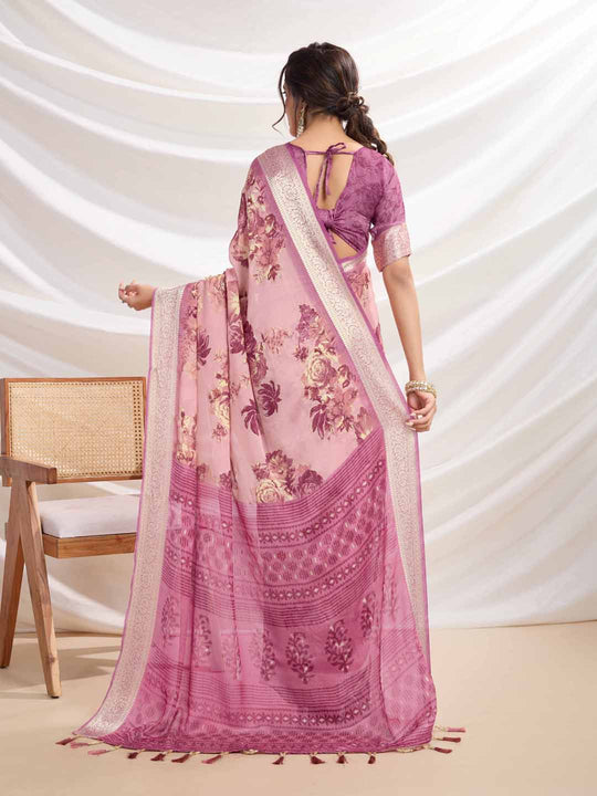 Onion-Pink Silk Chiffon Viscose Border Floral Printed Saree Saree With Blouse Piece