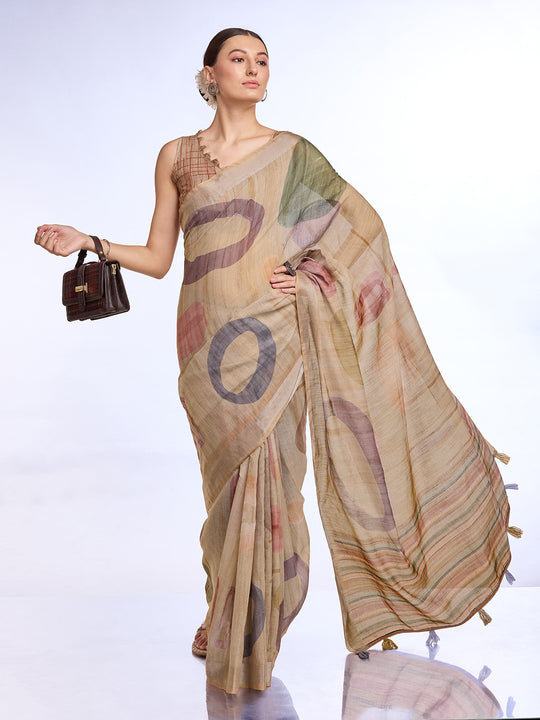 Beige  Linen Blend Saree With Blouse Piece