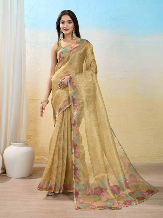 Yellow Organza Zari Woven Printed Saree With Hand-Sequence Embellishment Saree With Blouse Piece