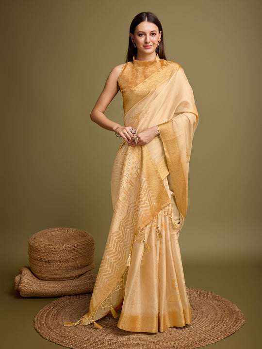 Yellow Silk Blend Saree With Blouse Piece