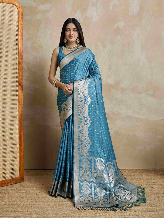Blue Pure Satin Banarasi Saree With Tassels Saree With Blouse Piece