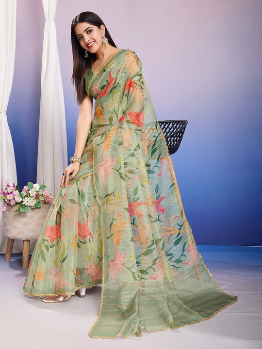 Green Organza Saree With Blouse Piece