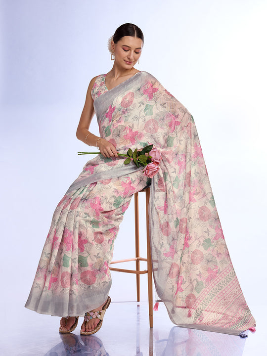 Cream Linen Blend Saree With Blouse Piece