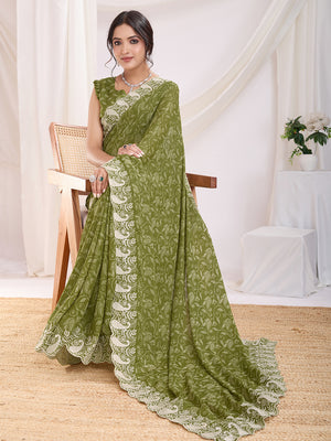 Olive Poly Georgette Festive Wear Saree With Blouse Piece