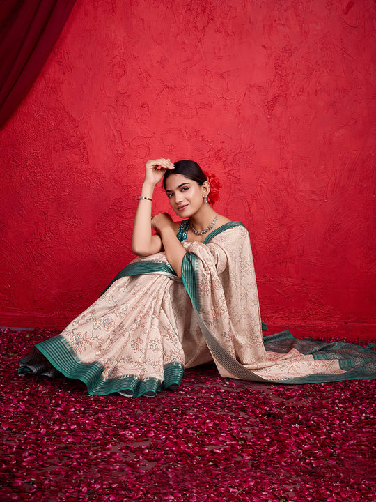 Cream Poly Silk Festival Saree With Blouse Piece