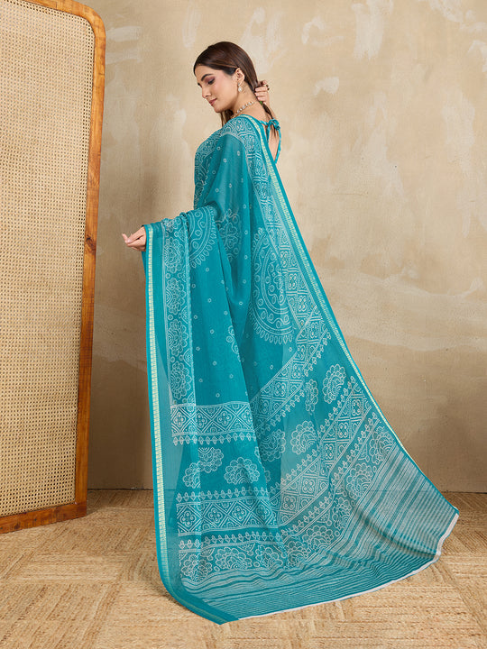 Pure Chiffon Bandhani Printed Saree With Viscose Woven Border And Blouse Piece