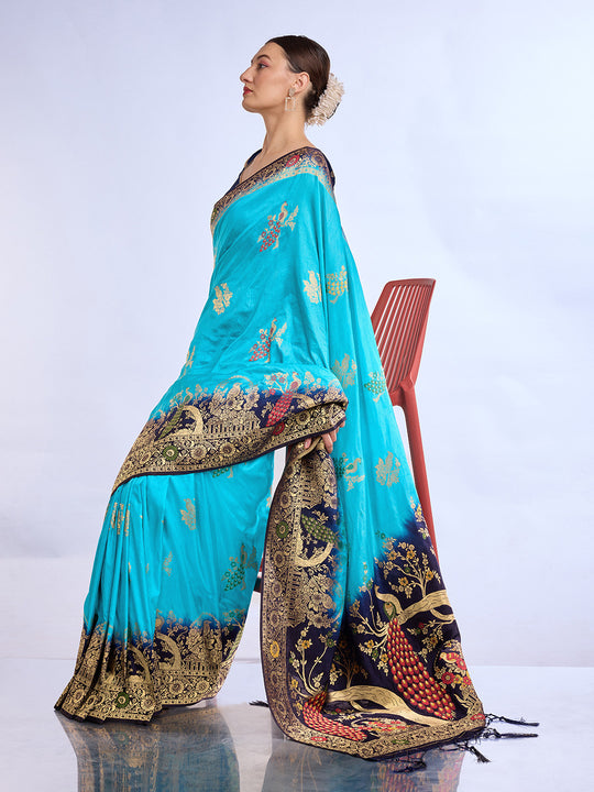 Blue Pure Silk Saree With Blouse Piece