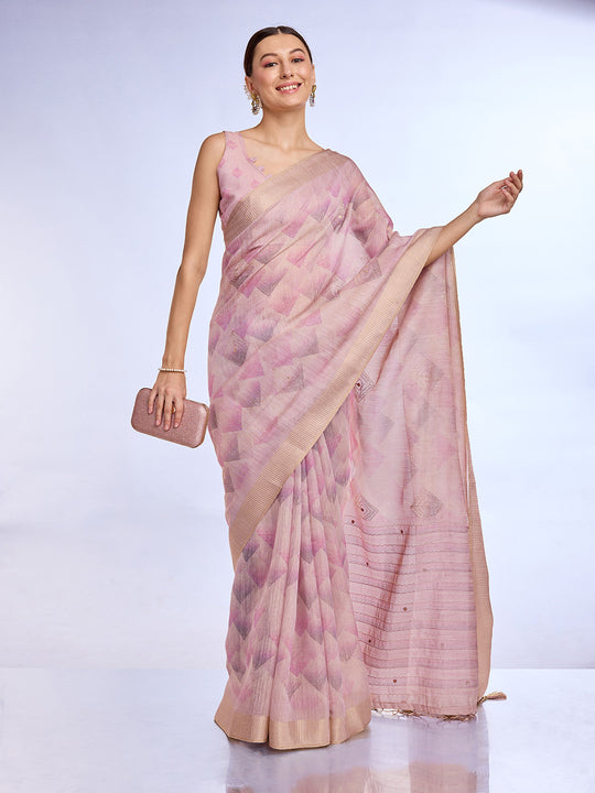 Pink Tissue Linen Blend Saree With Blouse Piece