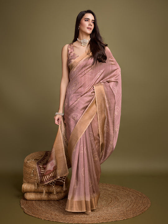 Peach Silk Blend Saree With Blouse Piece
