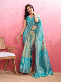 Blue Cotton Banarasi Woven Rich Pallu Printed Saree With Blouse Piece
