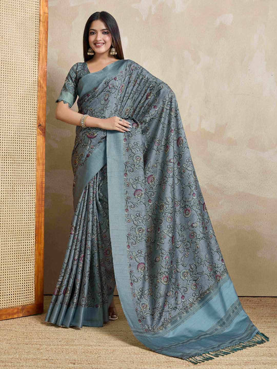 Grey Pure Handloom Tussar Woven Pallu Ajrakh Printed With Blouse Piece