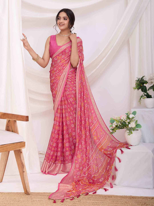 Onion Pink Pure Chiffon Viscose Border Block Printed Saree With Blouse Piece