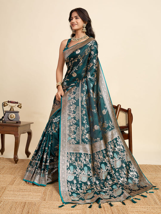 Teal Green Soft Silk Sarees Premium Two Tone Satin Fabric With Unique Designs Saree With Blouse Piece