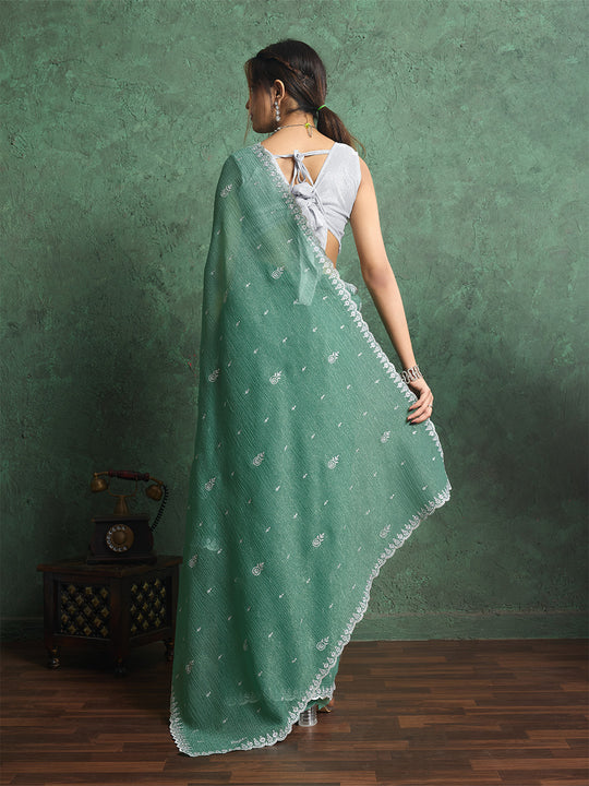 Pure Georgette Solid Embroidered Saree With Scalloping And Fancy Blouse