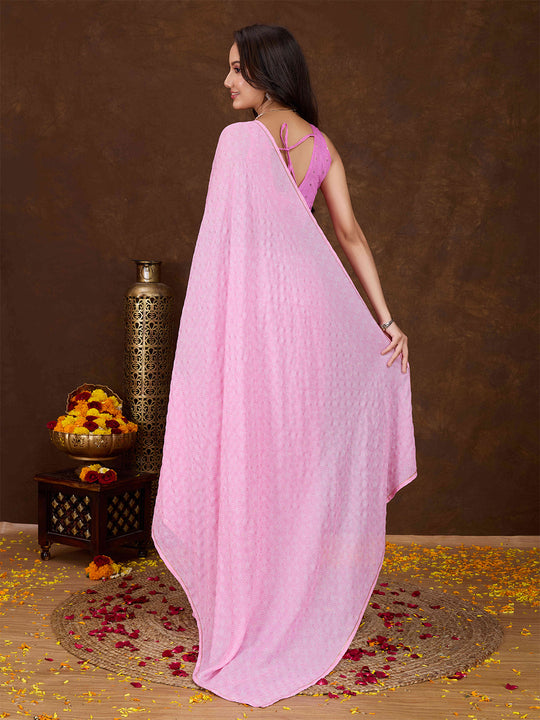 Pink Crepe Georgette Gold Foil Embellished Printed Saree With Blouse Piece