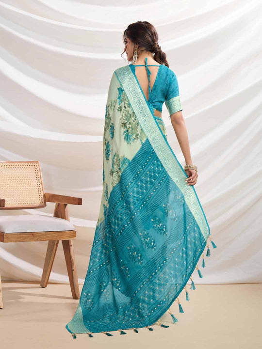 Light Green Silk Chiffon Viscose Border Floral Printed Saree Saree With Blouse Piece