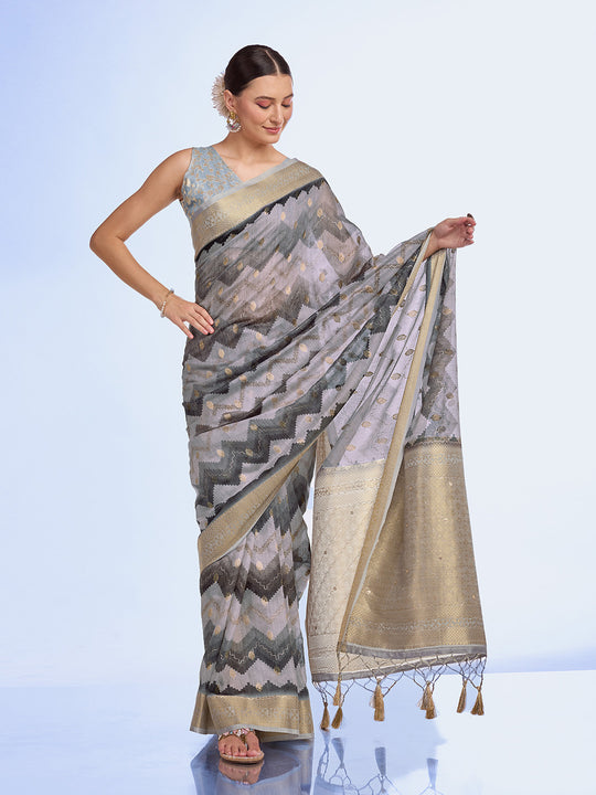 Grey Cotton Blend Saree With Blouse Piece