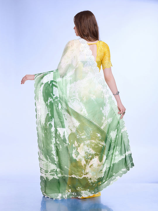 Green Poly Chiffon Festival Saree With Blouse Piece