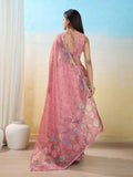 Peach Organza Zari Woven Printed Saree With Hand-Sequence Embellishment Saree With Blouse Piece