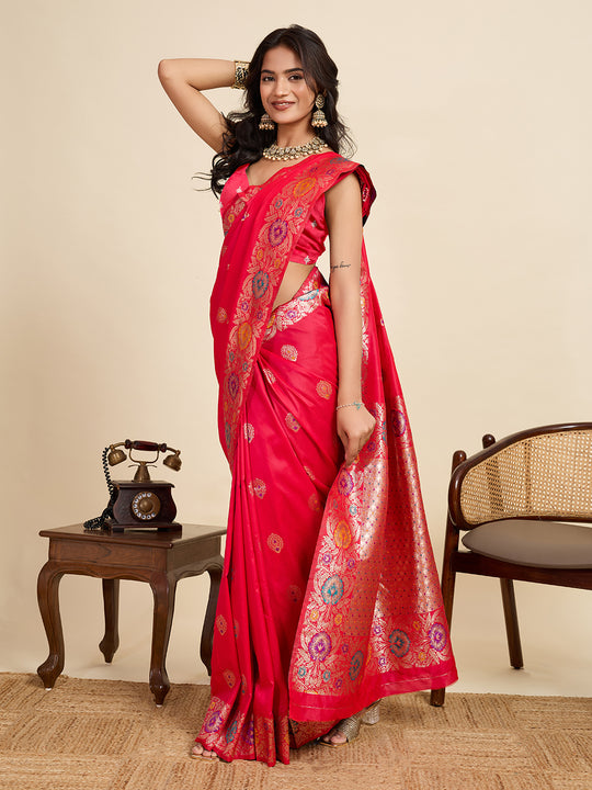 Pink Pure Jacquard Fabrics With Sona Chandi Pure Zari Work Saree With Blouse Piece