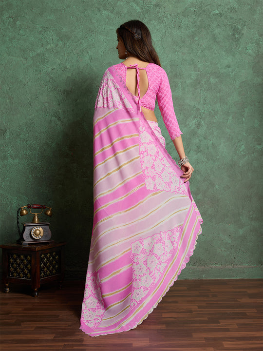 Poly Chiffon Leheriya Printed Saree With A Floral Touch And Swaroski Work With Scalloping